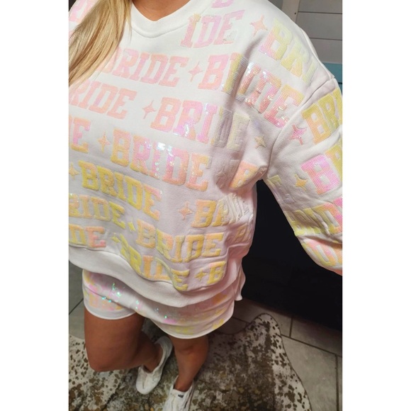 QUEEN OF SPARKLES Sweaters - QUEEN OF SPARKLES White Bride Pastel Sequin Sweatshirt